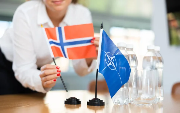 Jonge Vrouwelijke Assistente Zet Noorse Nato Vlaggen Voor Internationale Onderhandelingen — Stockfoto