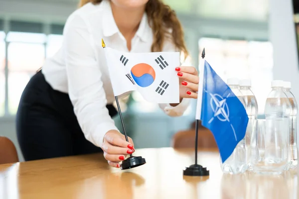 Young Female Assistant Setting Nato South Korean Flags International Negotiations — Stock Photo, Image