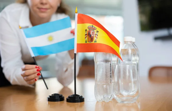 Little Flag Spain Table Bottles Water Flag Argentina Put Next — Stock Photo, Image