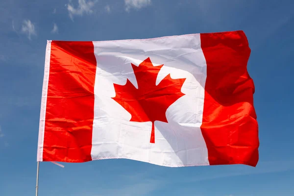 Mavi Gökyüzüne Karşı Kanada Bayrağı Sallıyor — Stok fotoğraf