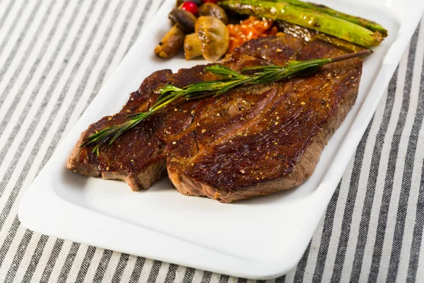 Prepared Steak Entrecote Beef Mushroom Asparagus Plate — Stock Photo, Image