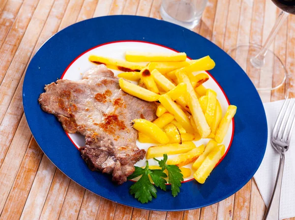 Picture Pork Chop Plate Fried Potatoes — Stock Photo, Image