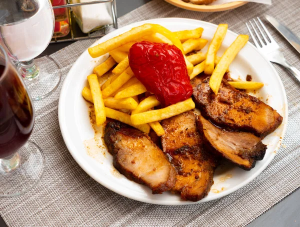 Delicious Homemade Baked Pork Chops Served Crispy French Fries Baked — Stock Photo, Image