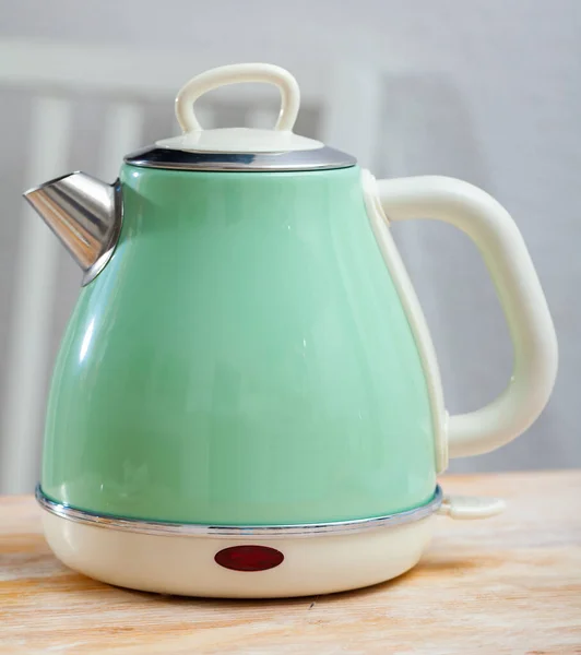 Modern Electric Kettle Wooden Table Kitchen Closeup — 스톡 사진