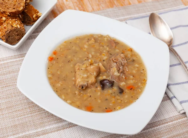 Ricca Zuppa Fatta Casa Con Funghi Della Foresta Maiale Verdure — Foto Stock