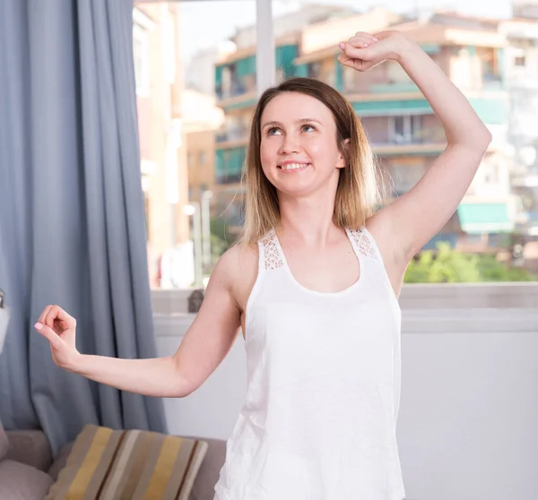 Pretty Girl Training Time Morning Exercises Home — Stock Photo, Image