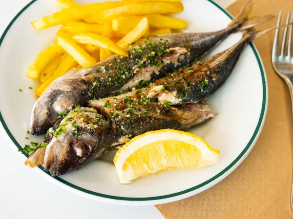 Tradishional Spanish Seafood Jurel Plancha Grilled Mackerel Lemon Fries — Stock Photo, Image