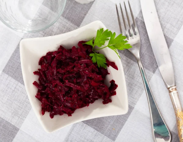Traditional Salad Russian Cuisine Boiled Grated Beetroot Decorated Sprig Parsley — Stock Photo, Image