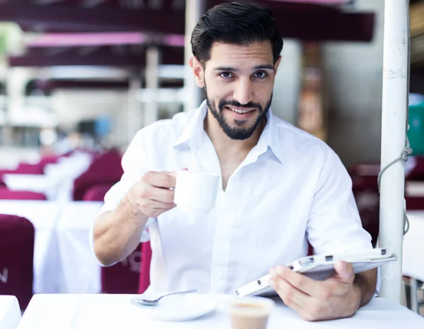Handsome Bearded Man Drinking Coffee Summer Cafeteria — Stock Photo, Image