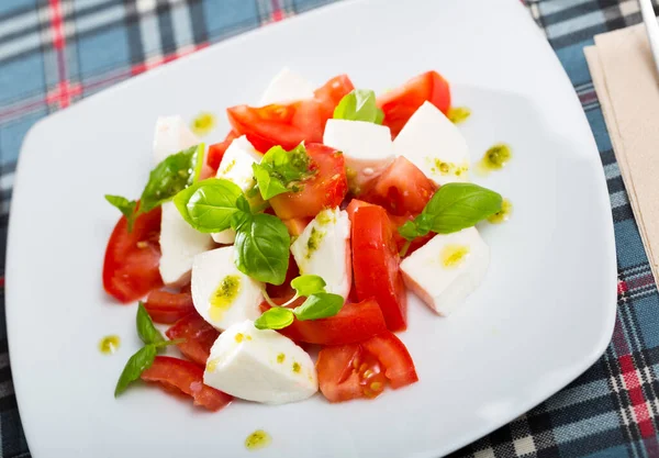 地中海食物 辣椒酱沙拉 西红柿 莫扎莱奶酪 罗勒和白盘上的比索 — 图库照片