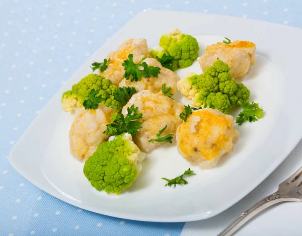 Hake Fish Balls Boiled Broccoli Served Fresh Parsley White Plate — Stock Photo, Image
