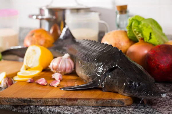 View Sturgeon Fish Lying Wooden Board Stone Surface Fresh Fruits — Stock Photo, Image