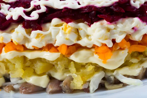 Closeup Traditional Russian Layered Salad Dressed Herring — Stock Photo, Image