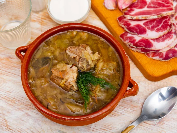 Plato Tradicional Ruso Sopa Col Cocinada Caldo Carne Base Chucrut — Foto de Stock