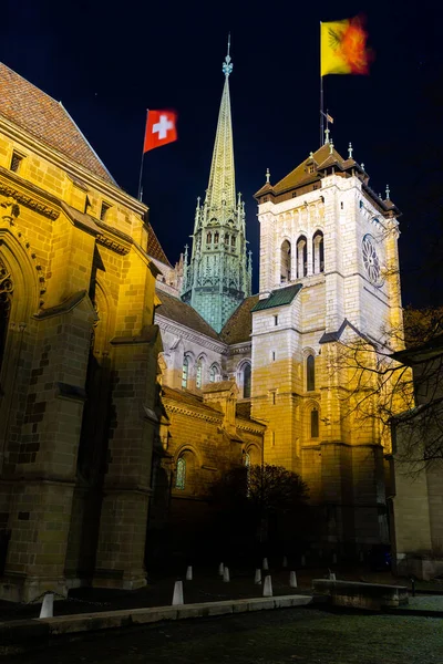 Вежі Собору Святого Єра Женеві Швейцарія Нічний Вид — стокове фото