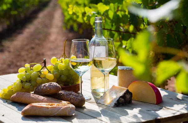 Güneşli Bir Günde Üzüm Bağlarındaki Masada Şarap Üzüm Peynirle Hayat — Stok fotoğraf