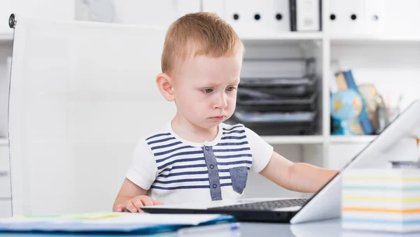 可爱的小男孩正在办公室里看笔记本电脑上的卡通片 — 图库照片