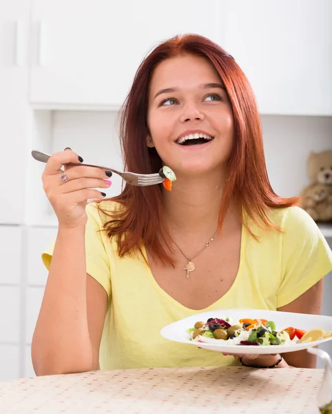 Closeup Portrait Glad Young Girl Holding Plate Fresh Green Salad — Stock Photo, Image