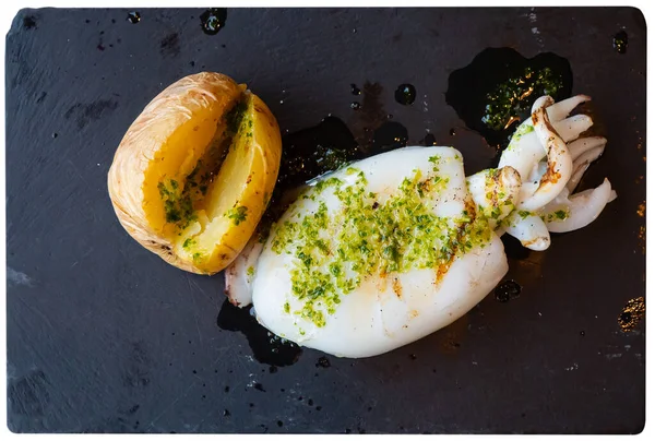 Grilled Cuttlefish Garlic Parsley Potatoes Served Beautifully Plate Isolated White — Stock Photo, Image