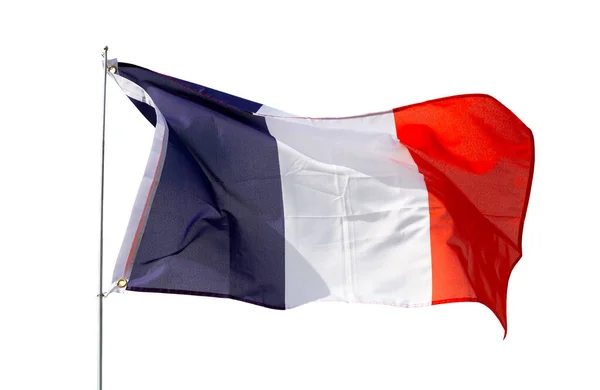 Большой Флаг Франции Закреплен Металлической Палочке Размахивая Изолированный Белом Фоне — стоковое фото