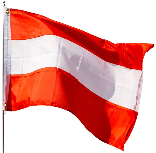 Μεγάλη Σημαία Της Αυστρίας Στερεώνεται Μεταλλικό Ραβδί Κυματίζει Απομονωμένα Λευκό — Φωτογραφία Αρχείου