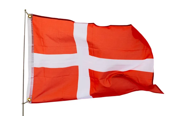Bandeira Denmark Voando Orgulhosamente Vento Isolado Sobre Fundo Branco — Fotografia de Stock