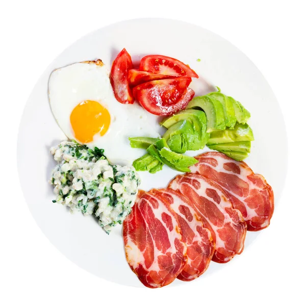Breakfast Plate Containing Fried Egg Sliced Ham Tomato Avocado Porridge — Stock Photo, Image