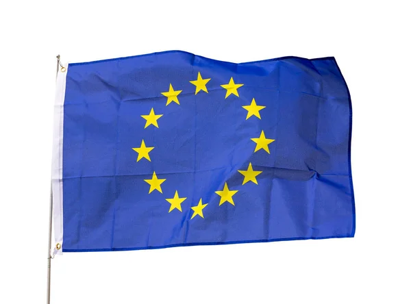 Tela Bandeira União Europeia Flutters Mastro Bandeira Contra Céu Cinzento — Fotografia de Stock