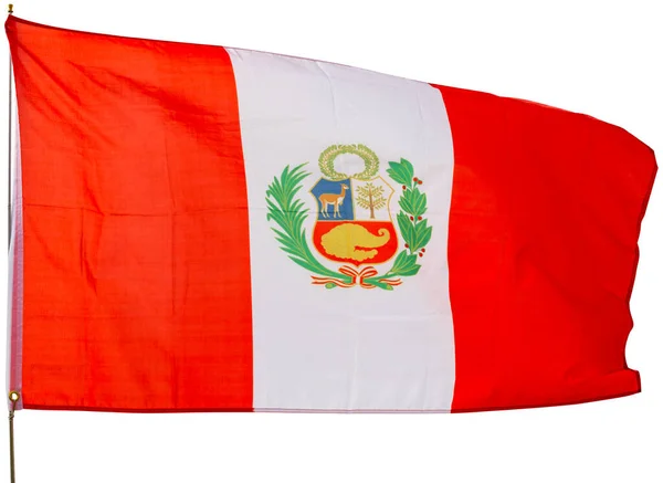 Bandeira Grande Peru Fixada Metal Vara Acenando Isolado Sobre Fundo — Fotografia de Stock