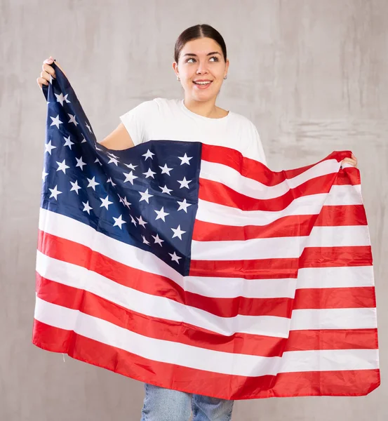Young Positive Woman Holding National Flag Usa Her Hands — Stock Photo, Image