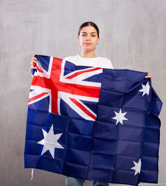 Portrait Serious Patriotic Young Female Holding National Flag Australia Gray — Stock Photo, Image
