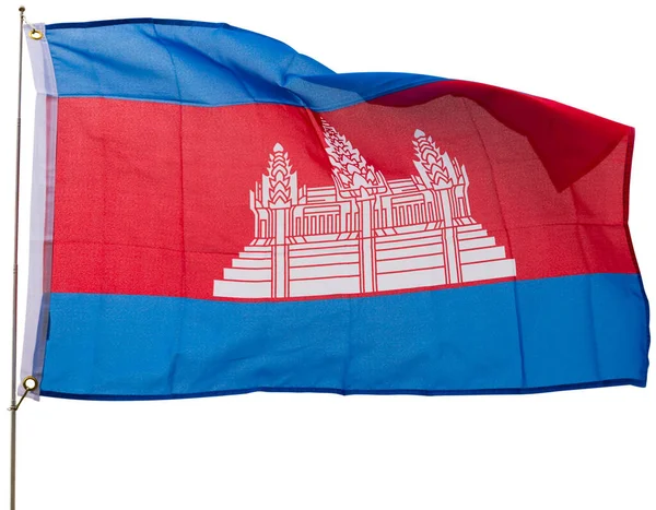 Grote Vlag Van Cambodja Vlaggenmast Zwaaiend Geïsoleerd Witte Achtergrond — Stockfoto