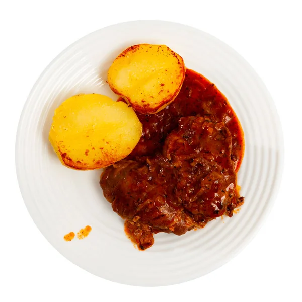 Tasty Portion Roasted Pork Potatoes Served Beautifully Plate Isolated White — Stock Photo, Image