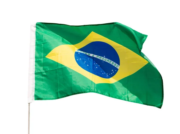 Dia Ensolarado Claro Bandeira Nacional Brasil Voa Contra Céu Azul — Fotografia de Stock