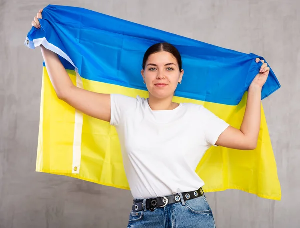 Calm Girl Stands Flag Ukraine Isolated Gray Background — Stock Photo, Image