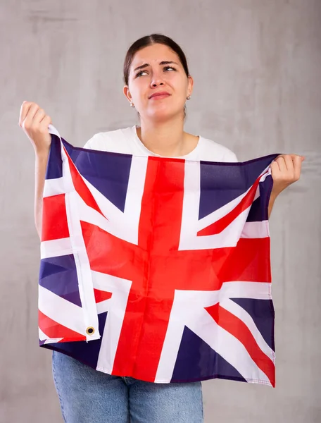 Young Sad Woman Holds National Flag United Kingdom Her Hands — Stock Photo, Image