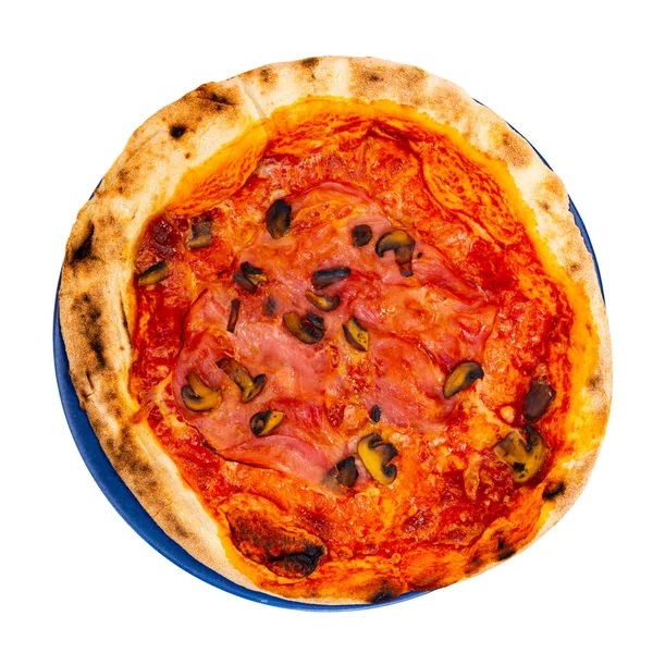 Placa Pequena Pizza Redonda Massa Levedura Fina Com Fatias Presunto — Fotografia de Stock