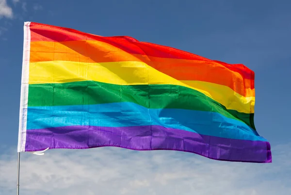 Large Lgbt Flag Fixed Metal Stick Waving Background Clear Sky — Stock Photo, Image