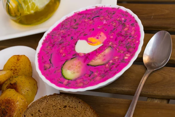Delicious Cold Yogurt Beetroot Soup Cucumber Eggs Served Baked Potatoes — Stock Photo, Image