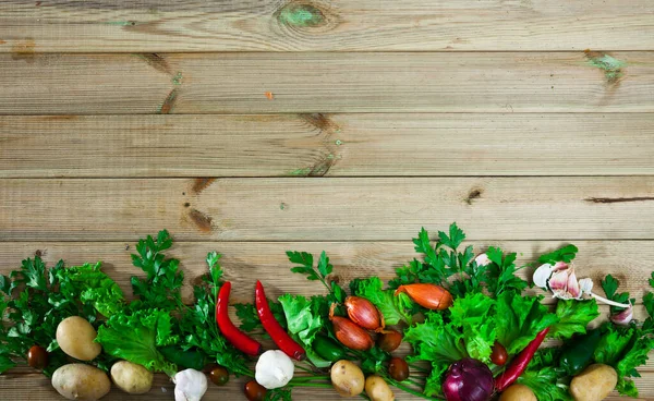 Frisches Gemüsesortiment Auf Natürlichem Holztisch Vegane Kochzutaten — Stockfoto