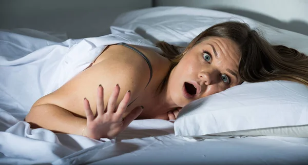 Young Female Worried Bed Because Oversleep Bedroom Home — Stock Photo, Image