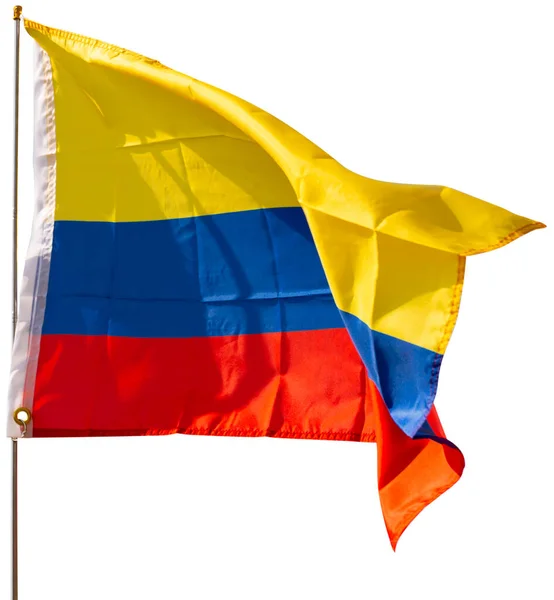 コロンビアの黄色 赤の三色の旗 国家文化と歴史の象徴 天然資源と国の独立を表す旗竿に手を振って 白地に隔離された — ストック写真