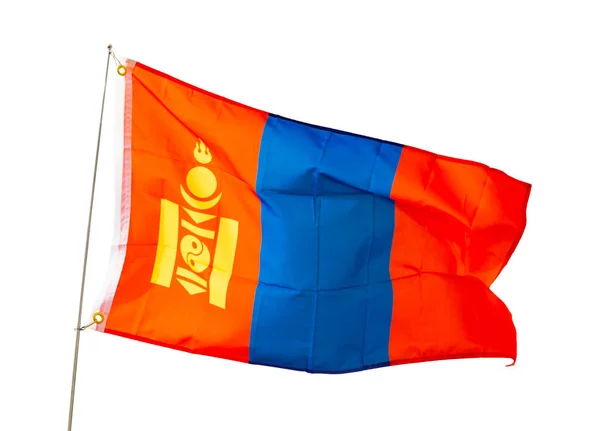 Grote Vlag Van Mongolië Vlaggenmast Zwaaiend Geïsoleerd Witte Achtergrond — Stockfoto