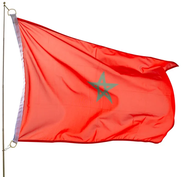 イスラム教の原則へのモロッコのコミットメントを象徴し 中央に緑の5点星を持つ赤い旗 国家の強さ およびモロッコの価値 白地に隔離された — ストック写真