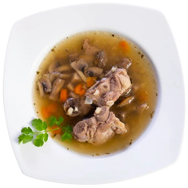 Delicious Thick Rustic Style Pearl Barley Mushroom Soup Pork Meat — Stock Photo, Image