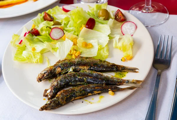 Kızarmış Sardalyalar Taze Sebze Salatası Mısır Zeytin Ile Servis Edilir — Stok fotoğraf