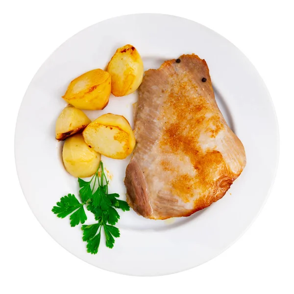 Eet Gebakken Varkensvlees Met Aardappelen Specerijen Tafel — Stockfoto