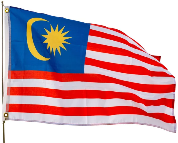 Büyük Malezya Bayrağı Metal Çubuğa Sabitlenmiş Beyaz Arkaplan Üzerinde Izole — Stok fotoğraf