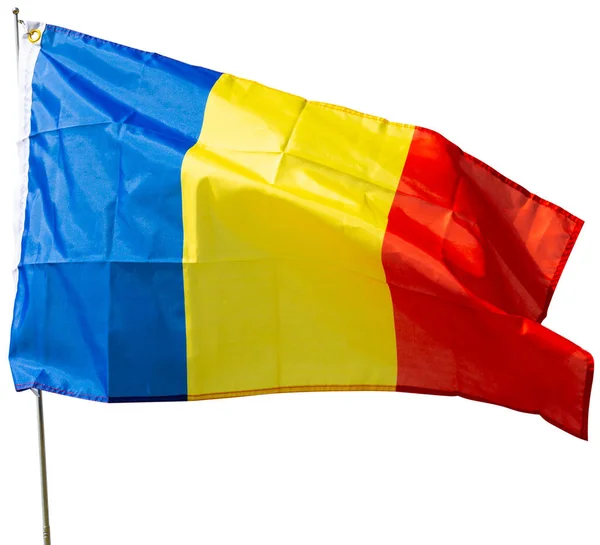 Staten Rumäniens Flagga Fladdrar Mot Den Blå Himlen — Stockfoto