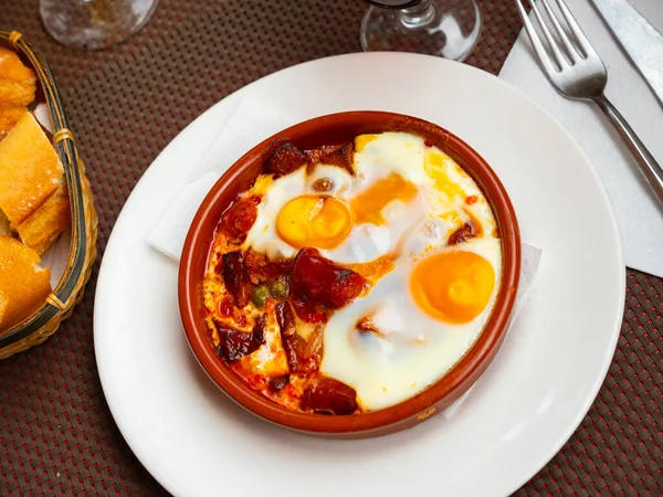 Fresh Portion Fried Eggs Chistorras Served Plate Restaurant — Zdjęcie stockowe